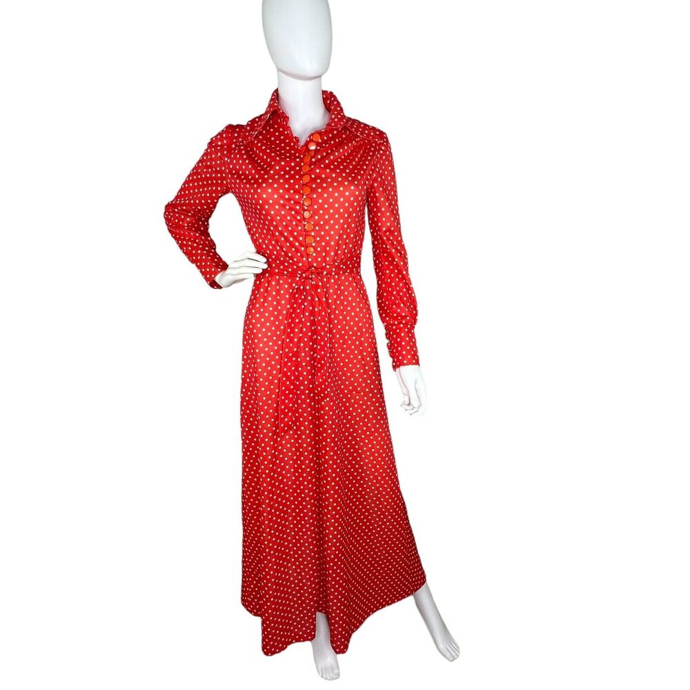 Vintage 60s Melissa Lane Polkadot Maxi Dress Disco Dagger Collar Belted Size S